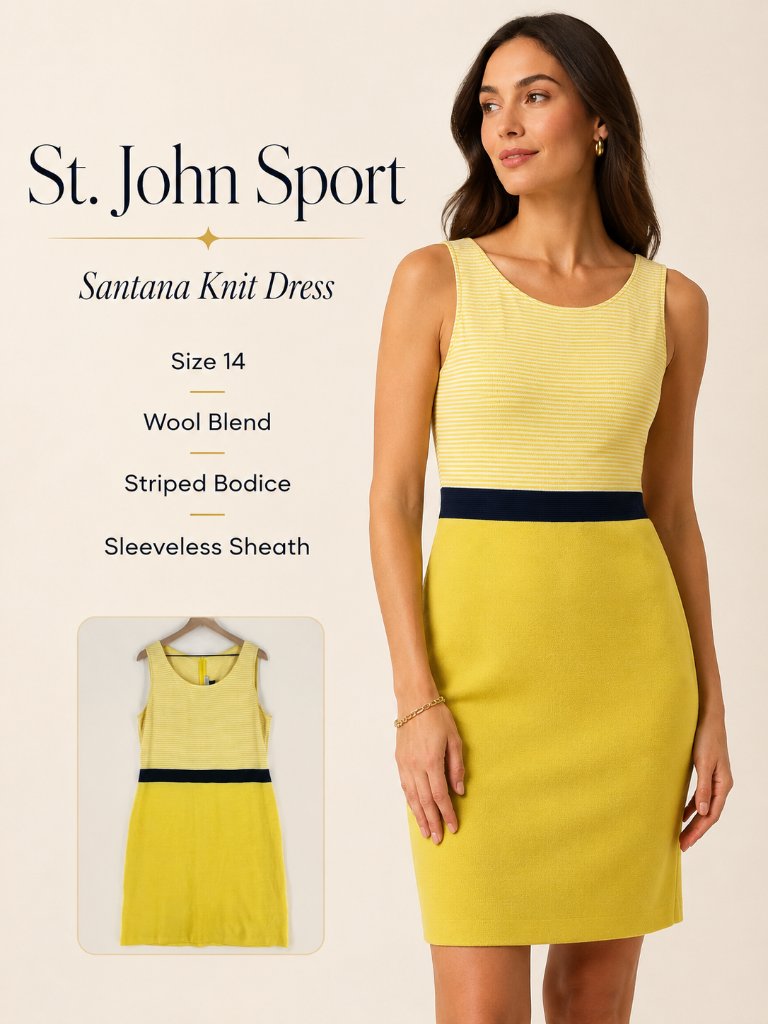 St John Sport Santana Knit Wool Blend Striped Bodice Sleeveless Sheath Dress 14